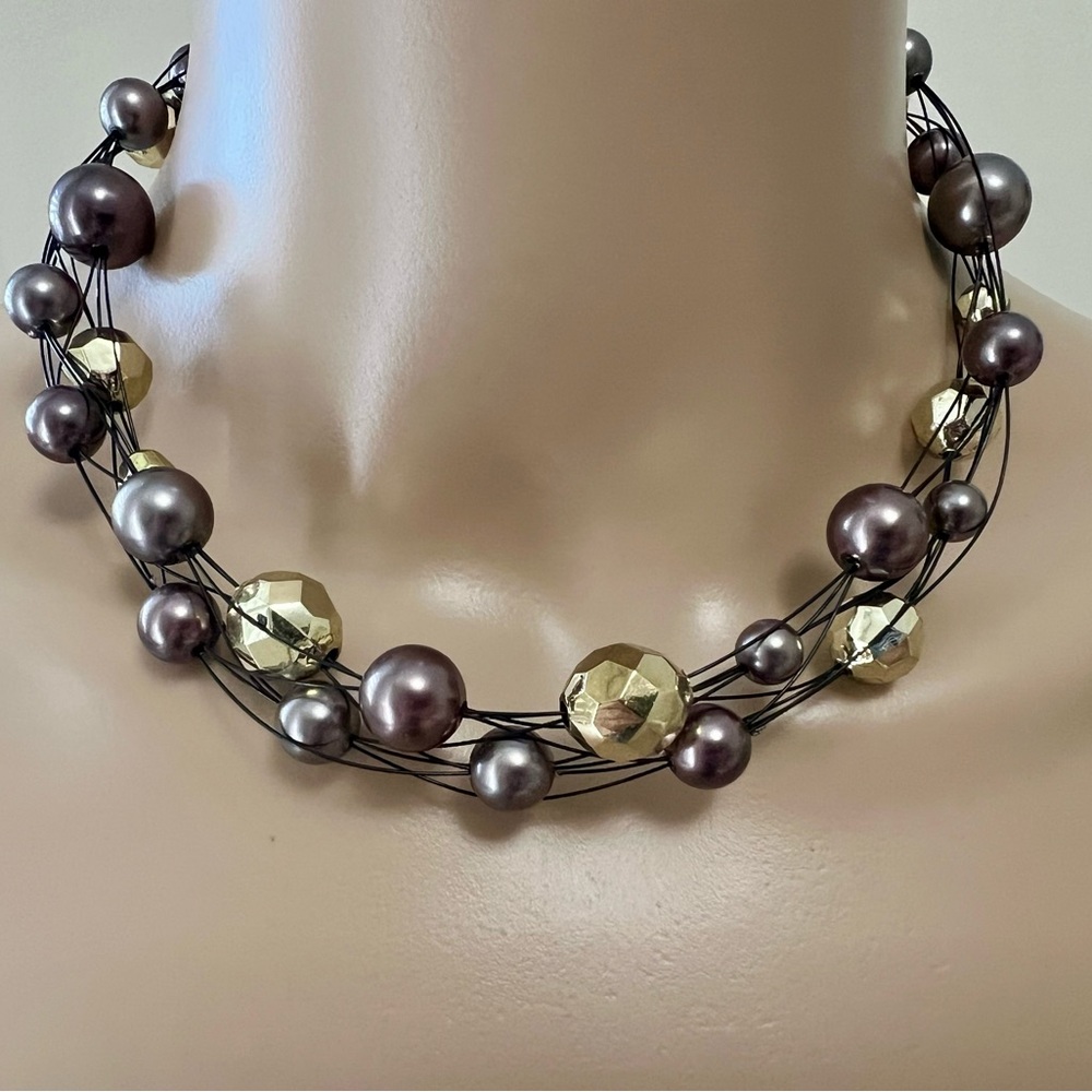 ⭐️ Multi-Strand Black Wire Necklace with Metallic & Pearl Beads